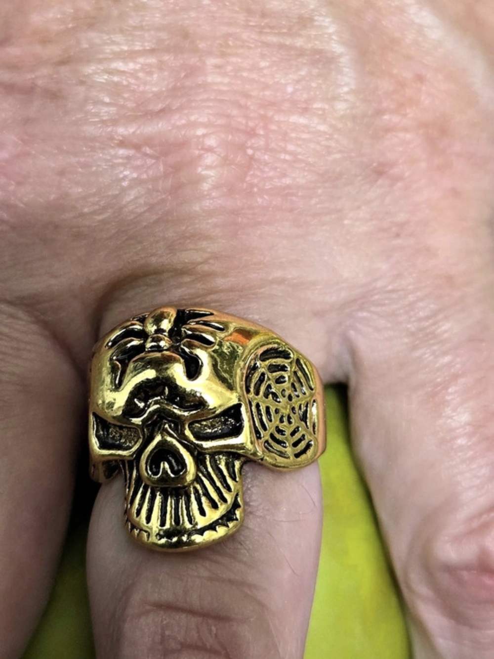 Mens Gold Tone Gothic Biker Skull Ring Spider Web Details